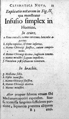 Clysmatica nova: sive ratio, qua in venam sectam medicamenta immitti possint, ut eodem modo, ac si per os assumta fuissent, operentur: addita etiam omnibus seculis inaudita sanguinis transfusione / [Johann Sigismund Elsholtz].