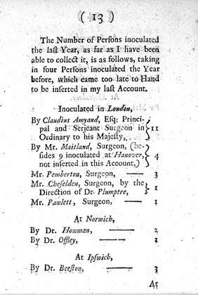 An account of the success of inoculating the small pox in Great Britain, for the year 1724. With a comparison, between the miscarriages in that practice, and the mortality of the natural small pox / By James Jurin.