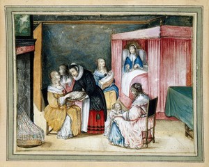 view A Dutch birth-room, with a maid giving sweetmeats to gossips.