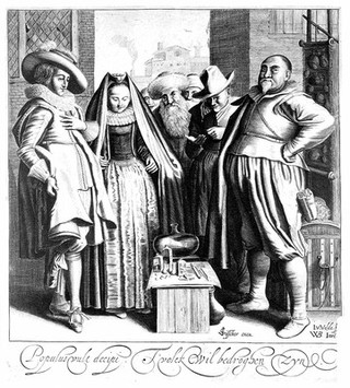 An itinerant medicine vendor proudly presenting his wares to a small group of people. Line engraving by J. van de Velde after W. Buytewech.