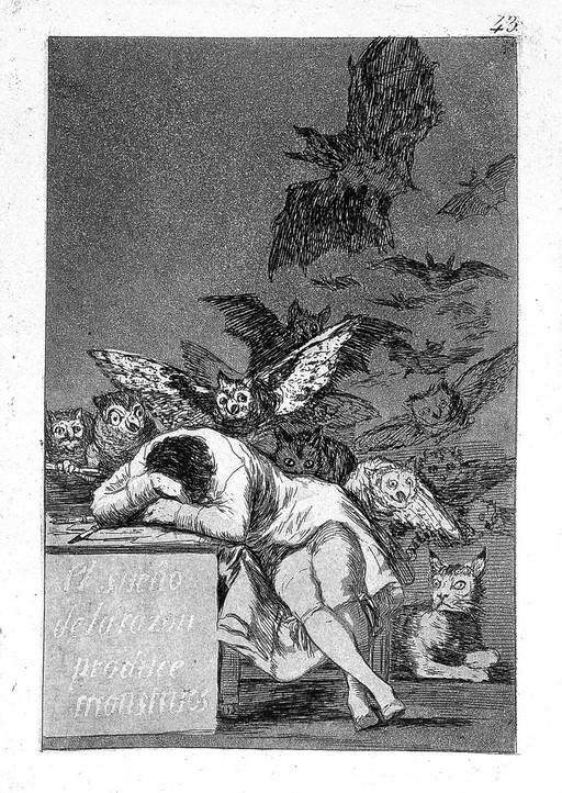 A man asleep dreaming of monsters. Etching by F. Goya, 1796/98.