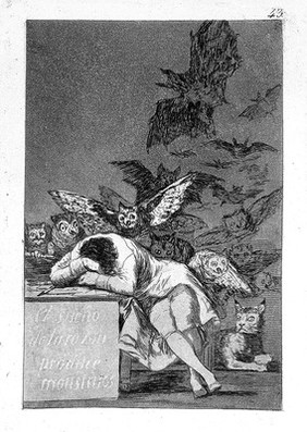 A man asleep dreaming of monsters. Aquatint by F. Goya, 1796/98.