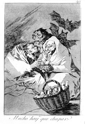 Three old hags surround a basket of new-born babies with bats in the distance. Etching by F. Goya, 1796/98.