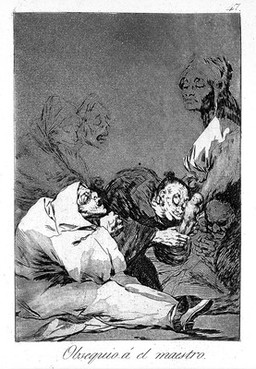 Wizards and witches offering a new-born baby to their master. Etching by F. Goya, 1796/1798.