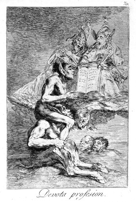 A naked witch carried on the shoulders of a monster sings from a choirbook held with pincers by two grotesque bishops while two apelike swimmers look on. Etching by F. Goya, 1796/1798.