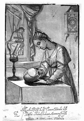 A young woman contemplating a skull. Woodcut by A. Andreani after A. Casolano, 1592.