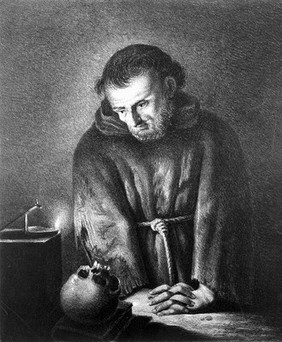 A monk contemplates a skull at candlelight. Lithograph by Nepomuk Johann Strixner after L. Carracci.