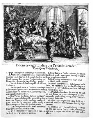 King Louis XIV in bed, having been told that the rumour of King William III's death was untrue, is treated by physicians and surgeons representing different nations. Etching by P. Bouttats., c. 1690.