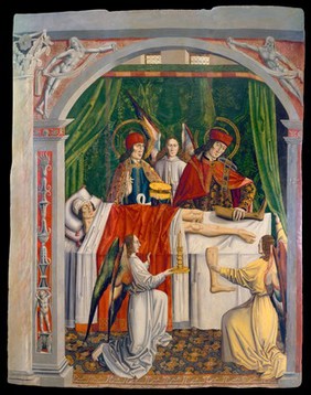 A verger's dream: Saints Cosmas and Damian performing a miraculous cure by transplantation of a leg. Oil painting attributed to the Master of Los Balbases, ca. 1495.