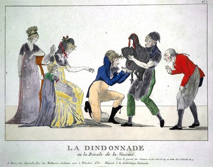 A dandified physician takes the lancet to a turkey, watched over by fashionable women. Coloured etching, c. 1800.