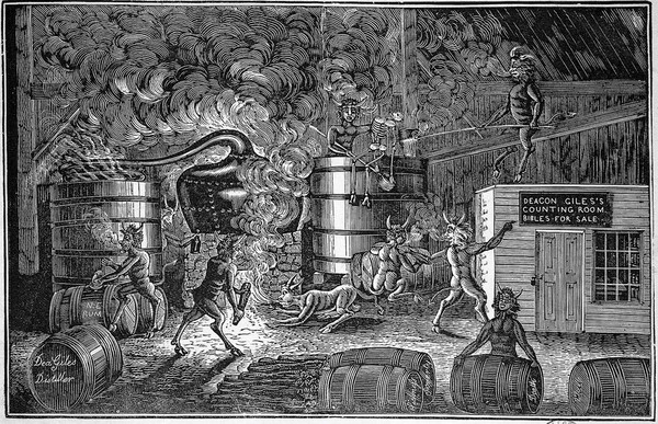 The distillery of Deacon Giles seen as the work of the Devil. Coloured wood-engraving after G. B. Cheever, ca. 1835.