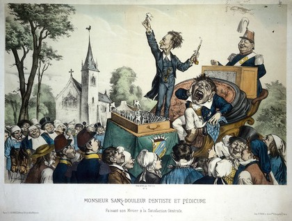 A travelling tooth-drawer holding a tooth up in the air to an audience after extracting it from a howling patient who is seated next to him in a carriage. Coloured lithograph by G. Gostiaux.