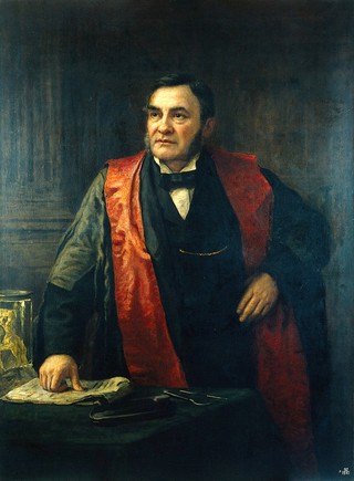 John Wood FRS, FRCS (1825-1891) giving a lecture. Oil painting by Henry Jamyn Brooks, 1888.