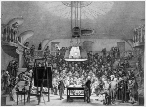 J.H. van Swinden demonstrating the generation of electricity to the Felix Meritis Society, Amsterdam. Engraving by R. Vinkeles after J. Kuyper and P.P. Barbiers.