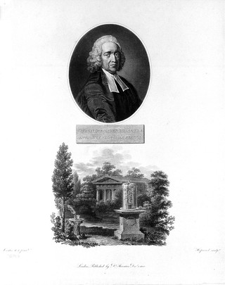 Stephen Hales; with a vignette of his experiments on plant physiology. Line engraving by J. Hopwood, 1807, after T. Hudson.