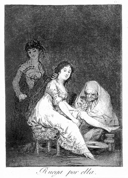 A young woman helping another with her toilet while an old woman prays. Etching by F. Goya, 1796/98.