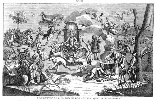 A witches' sabbath. Line engraving, 17--.