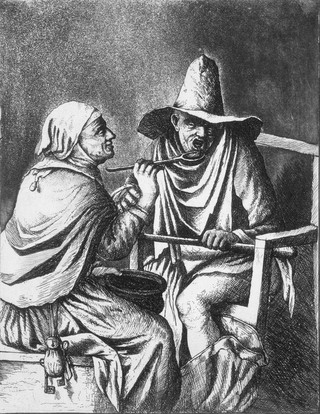 A woman spoon-feeding a man while he is on the toilet, perhaps as one would a child. Etching by D. Deuchar (?).