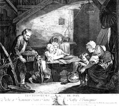 A family are shelling peas in a barn with old barrels in it. Engraving by J.P. Le Bas, 1760, after J.B. Greuze.