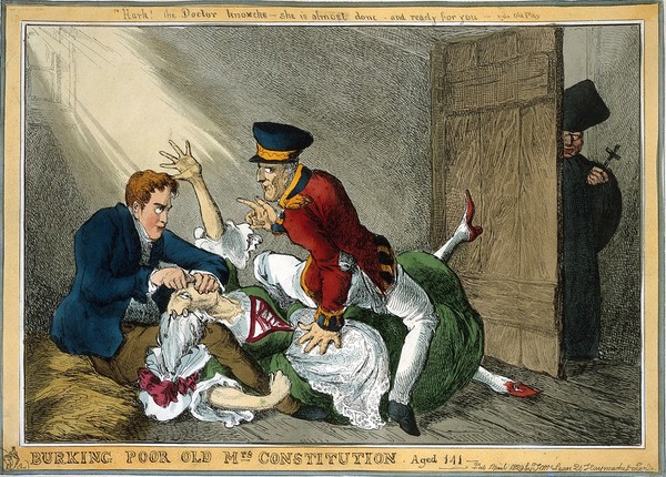 Wellington and Peel in the roles of the body-snatchers Burke and Hare suffocating Mrs Docherty for sale to Dr. Knox; representing the extinguishing by Wellington and Peel of the Constitution of 1688 by Catholic Emancipation. Coloured etching by W. Heath, 1829.