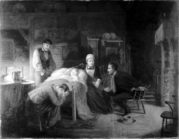 "Anxious moments": a sick child, its grieving parents, a nursemaid and a medical practitioner. Oil painting attributed to John Whitehead Walton, 1894.