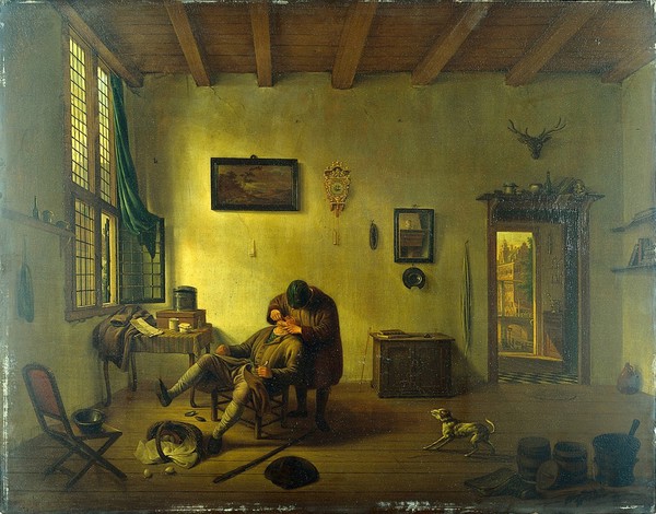 Interior of a Dutch house with an operator attending to a man's teeth. Oil painting by Hendrik van der Burgh.