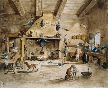 A room with hallucinatory beings and weird furnishings. Watercolour by Auguste Laurent, 1844.