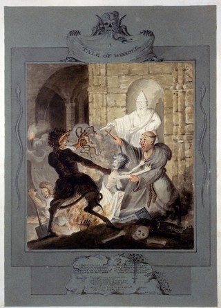 A monk and a statue of Saint Patrick trying to prevent the devil from snatching the corpse of a witch from its grave. Watercolour by E. Bell, 1804.
