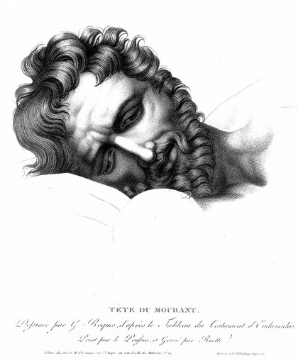 The head of the dying Eudamidas. Crayon-manner engraving by L.C. Ruotte the younger, 1810, after G. Roques after Nicolas Poussin.