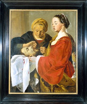 Herodias mutilating the severed head of Saint John the Baptist held by Salome. Oil painting attributed to Pieter de Grebber.