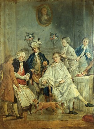 view A gentleman's toilet ("La petite toilette"). Oil painting after Jean-Michel Moreau le jeune.