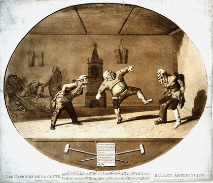 Three men wearing orthopedic apparatus exercising; another is strapped into leg braces. Aquatint by P. Sandby (?), 1783.