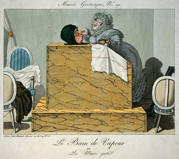 An elaborately dressed woman pampers a man in a vapour-bath. Coloured etching after G. de Cari.