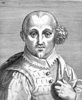 The head and a shoulders of a man who wears his hair short except for a mass of curls which fall over his left ear. Engraving by P. Galle.