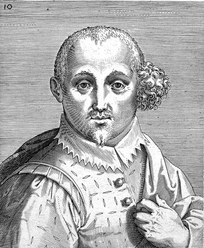 The head and a shoulders of a man who wears his hair short except for a mass of curls which fall over his left ear. Engraving by P. Galle.