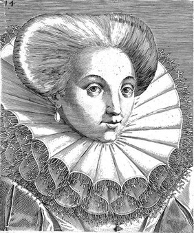 The head and shoulders of a woman directed to right who wears her hair combed up and back and supported by a high ruff. Engraving by P. Galle.