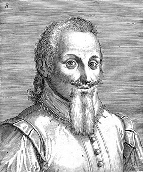 The head and a shoulders of a man with a long beard and a moustache that is combed upwards. Engraving by P. Galle.