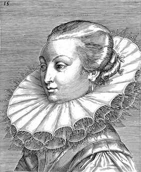 The head and shoulders of a woman looking to the left who wears her hair combed back and braided; she also wears a high ruff. Engraving by P. Galle.
