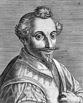 The head and a shoulders of a man wearing his hair tied in a bunch on the forehead and a stiff straight moustache. Engraving by P. Galle.