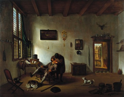 Interior of a Dutch house with an operator attending to a man's teeth. Oil painting by Hendrik van der Burgh.