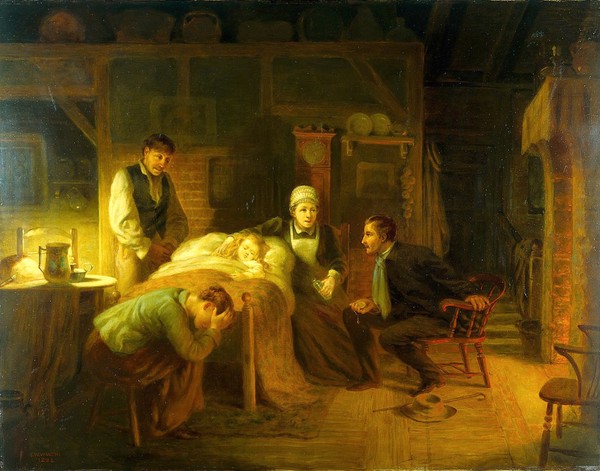"Anxious moments": a sick child, its grieving parents, a nursemaid and a medical practitioner. Oil painting attributed to John Whitehead Walton, 1894.