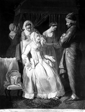 A sick lady addressing her husband, and being nursed by three women. Mezzotint by V. Green after E. Penny, 1774.