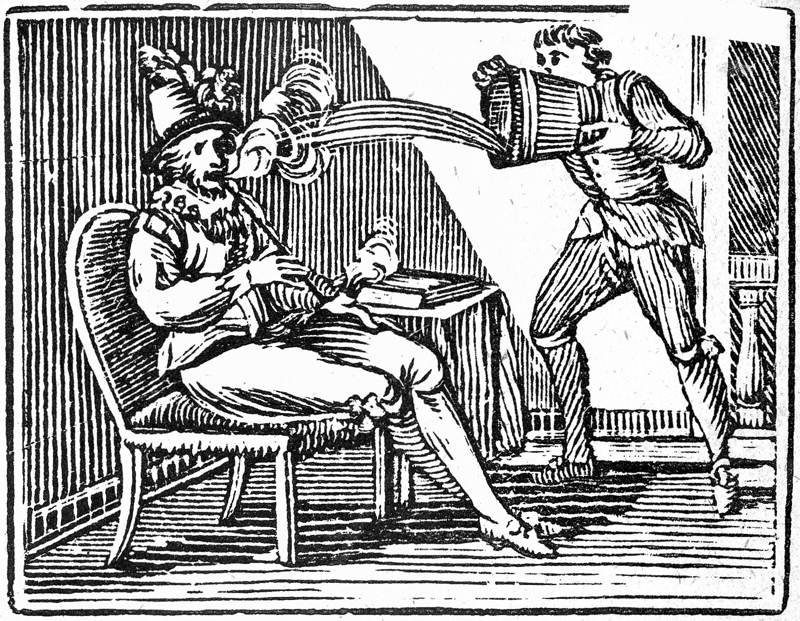 Sir walter raleigh smoking a pipe and being doused by a servant who
