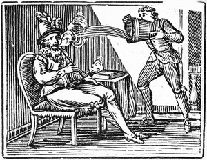 Sir Walter Raleigh smoking a pipe and being doused by a servant who thinks  he's on fire. Wood-engraving, mid-19th century