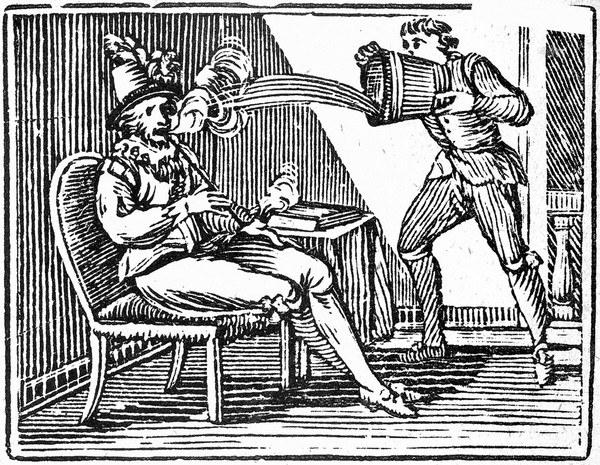Sir Walter Raleigh smoking a pipe and being doused by a servant who thinks he's on fire. Wood-engraving, mid-19th century.