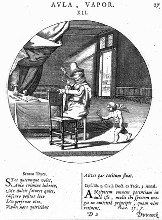 A man sits at a table smoking as Cupid enters the room with three tobacco pipes. Engraving, c. 1618.