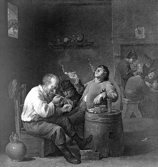Three men sit smoking at a barrel-table in a dingy smoke-filled den, others play cards. Engraving by R. Cooper, c. 1813, after T. Strutt after D. Teniers, the younger.