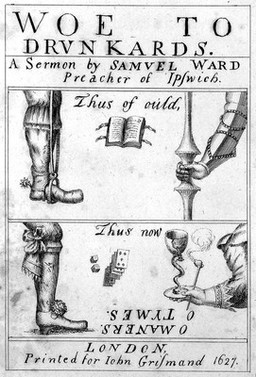 Worthy pastimes of olden times contrasted with vices of the present day. Engraving, c. 1627, after S. Ward.