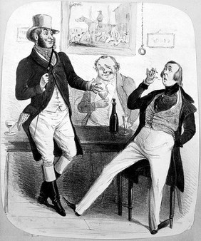 Three men smoking and drinking in a tavern: one man, when drunk, tends to abuse Irish people; the second, who is Irish, tends to attack anyone abusing Irish people; and the third man looks on. Coloured lithograph.