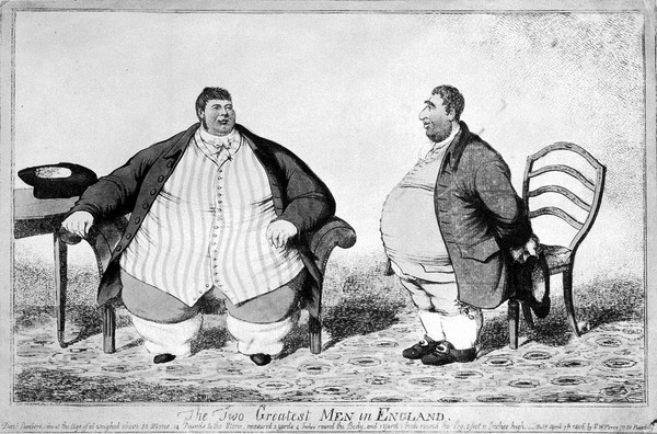 A humorous comparison between the obese Daniel Lambert and Charles James Fox, the politician. Coloured etching by C. Williams, 1806.